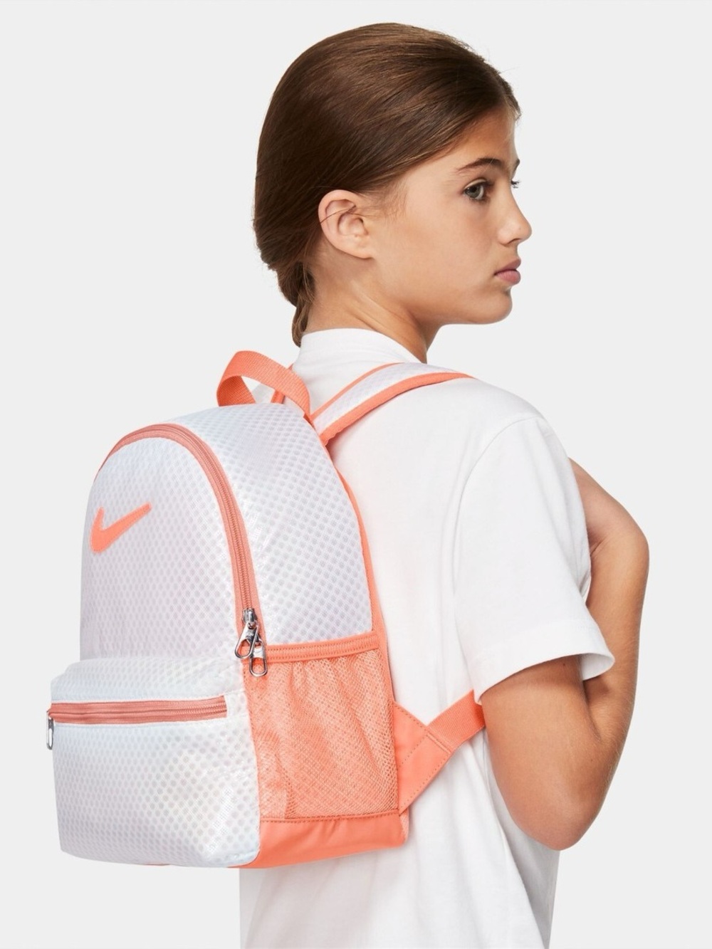 Nike Air Brasilia Just Do It JDI Mini White and Peach Lightweight Mesh Backpack
